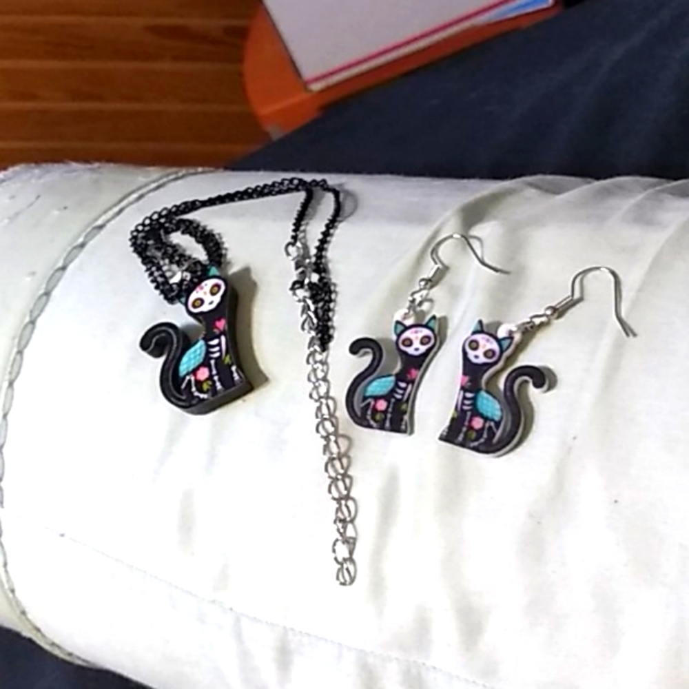 Sugar Skull Cat Necklace and Earrings Set